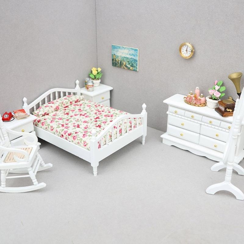 1/12 Doll House Bedroom Furniture Accessory Set Natural Wood Scene Display Bed Cabinet Craft Model Project Decoration