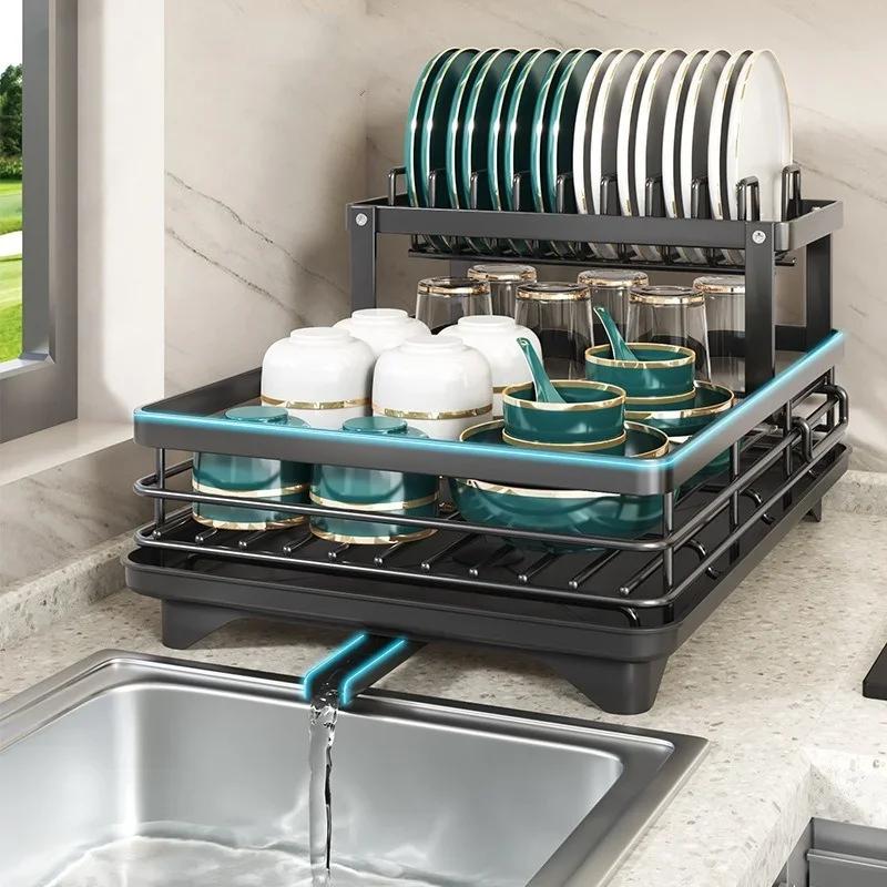 Kitchen Dish Drain Rack Plates Bowls Chopsticks Carbon Steel Storage Rack with Drain Board Sink Countertop Tableware Storage