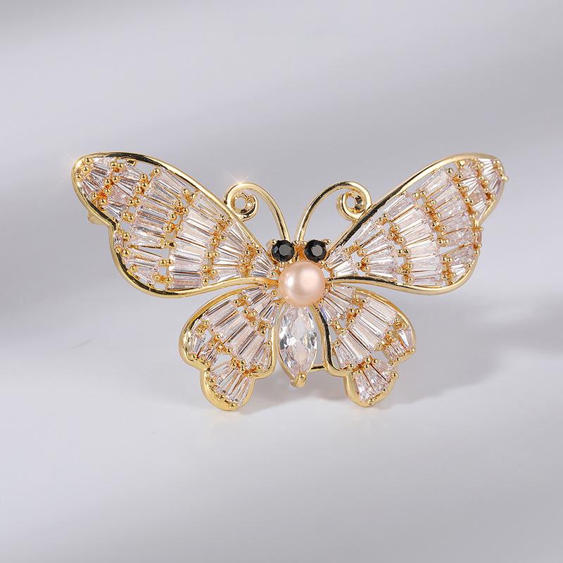 Elegant Copper Zirconia Butterfly Brooch with Freshwater Pearl