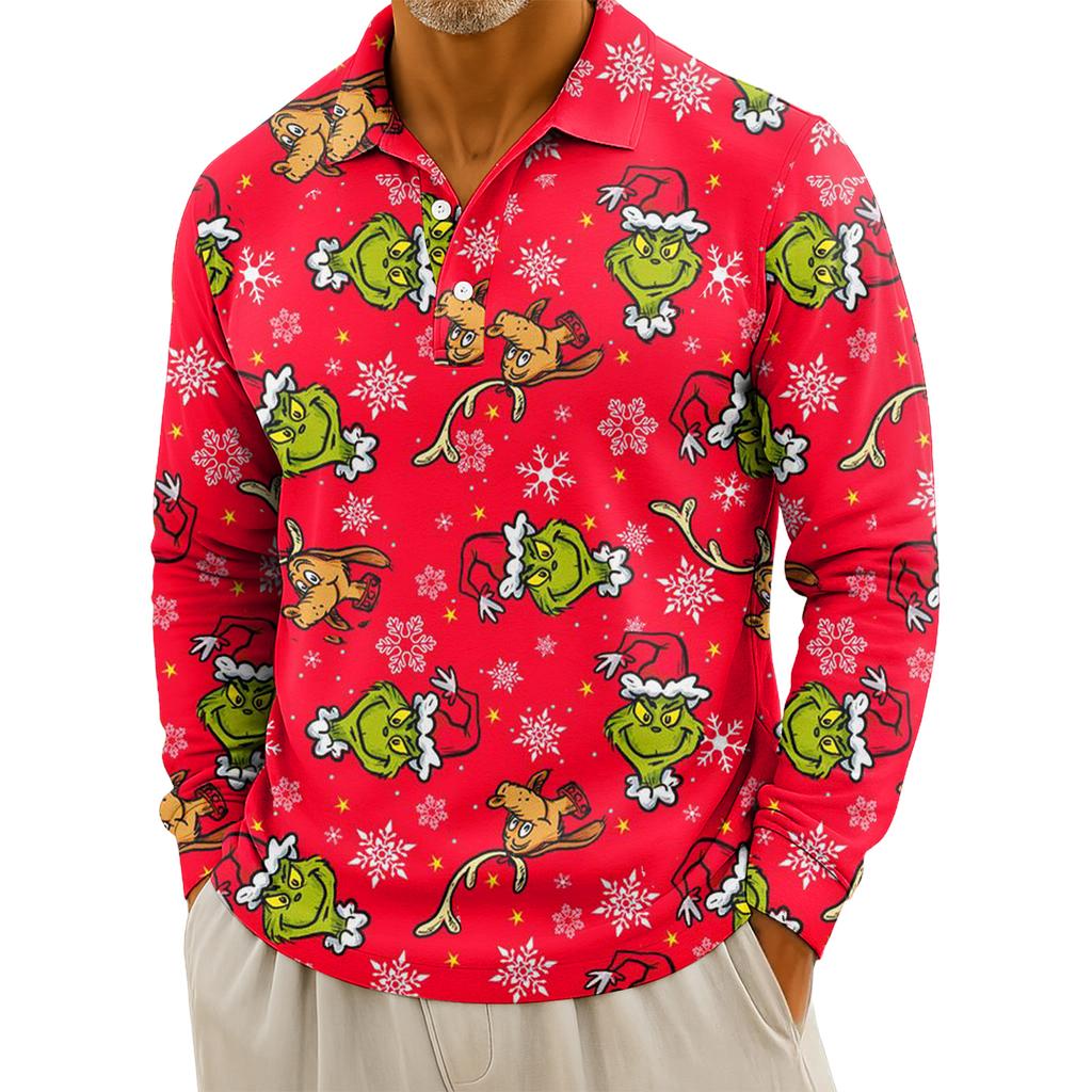 Men's Casual Christmas Print Button Long Sleeve Shirt