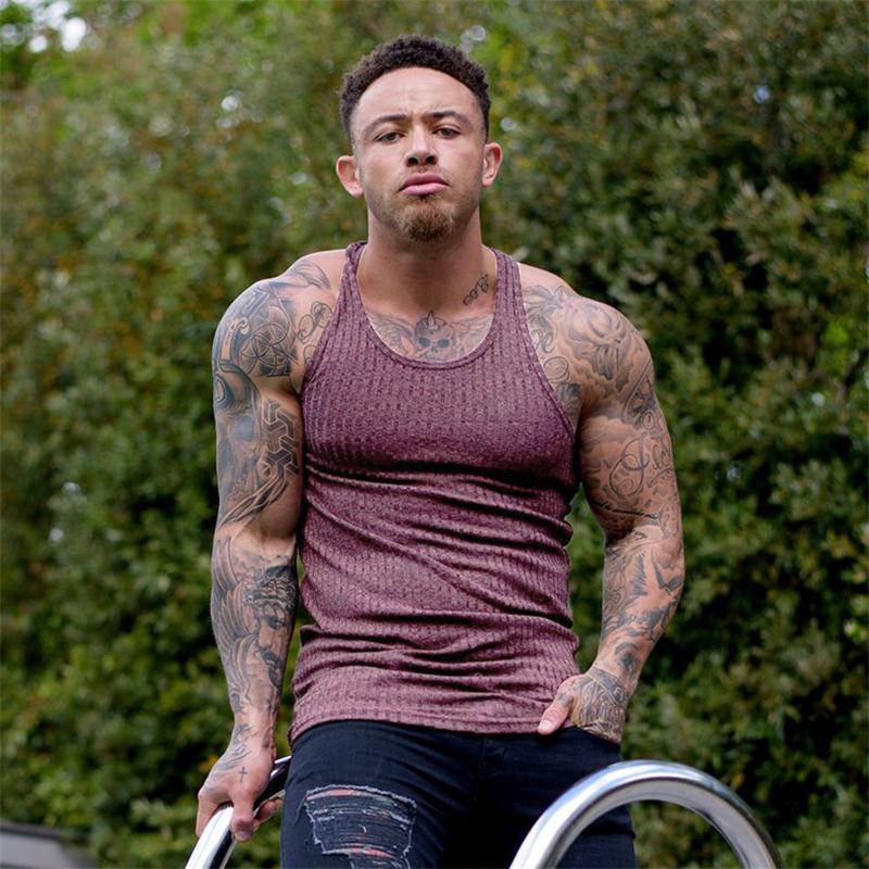 Muscleguys Einfache Laufwesten Sommer Schnelltrocknend Gestrickte Tanktops Fitnessstudio Fitness Ärmellos Streifen Enganliegende Hemden Herren Bodybuilding Kleidung