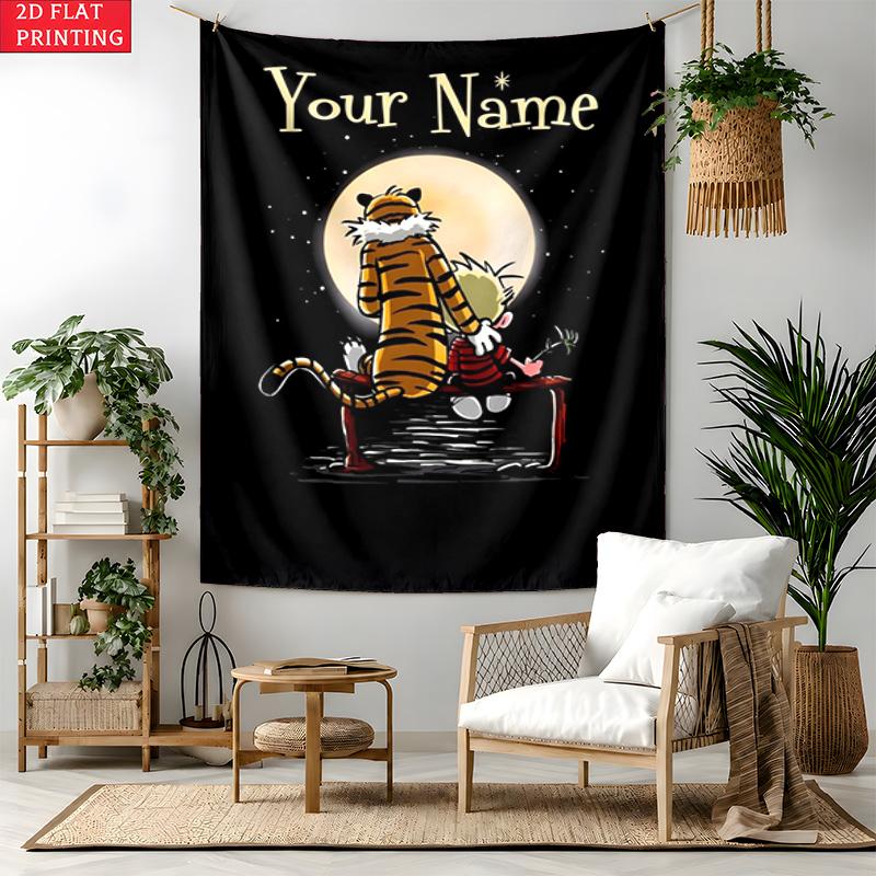 Calvin and Hobbes Custom Name Tapestry Personalized Wall Art Hanging Bohemian Home Decor for Bedroom Dorm Living Room