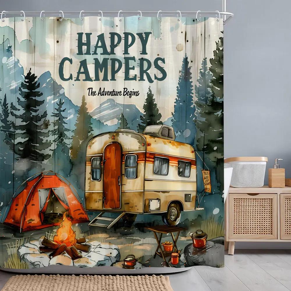 Camping Caravan Forest Shower Curtain Pleasant Camper Tent Campfire Polyester Printed Shower Curtains Bathroom Decor with Hooks