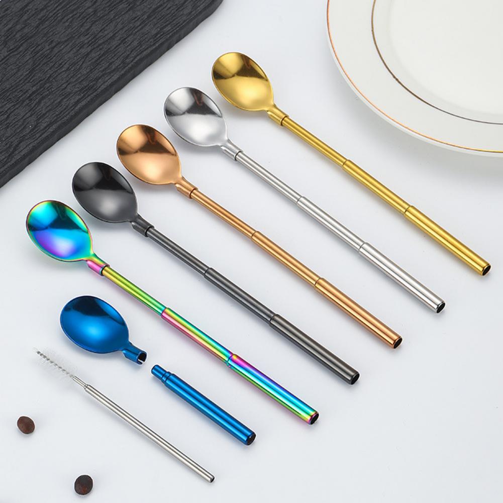 Durable Stainless Steel Straw Stainless Steel Utensil Telescopic Stainless Steel Straw Spoon Tableware Kitchen Supplies