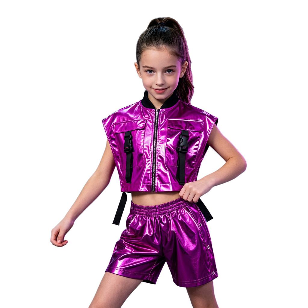 Kids Hip Hop Jazz Dance Costume Sleeveless Side Zip Metallic Vest with Detachable Side Button Shorts for Stage Show