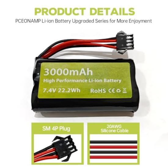 2PCS 7.4V 3000mAh 15C 2S Li-ion Battery with SM-4P Plug and USB Charging Cable for EC08, DE85, Remote Control Cars, Trucks, Boats, Drones, and