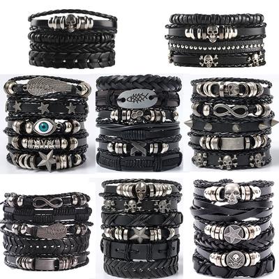 Bransoletka skórzana męska hip-hopowa Goth Punk Skull Beaded Jewelry Black Combination Hand Woven Street Jewelry Accessories