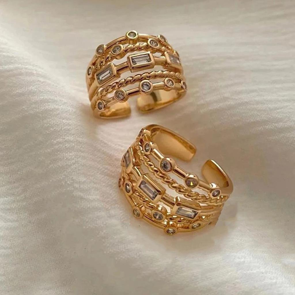 Nwe 18 K Gold Plated Sun Rings for Women Natural Stone Inlaid In Hollow Metal Texture Ring Trendy Jewelry