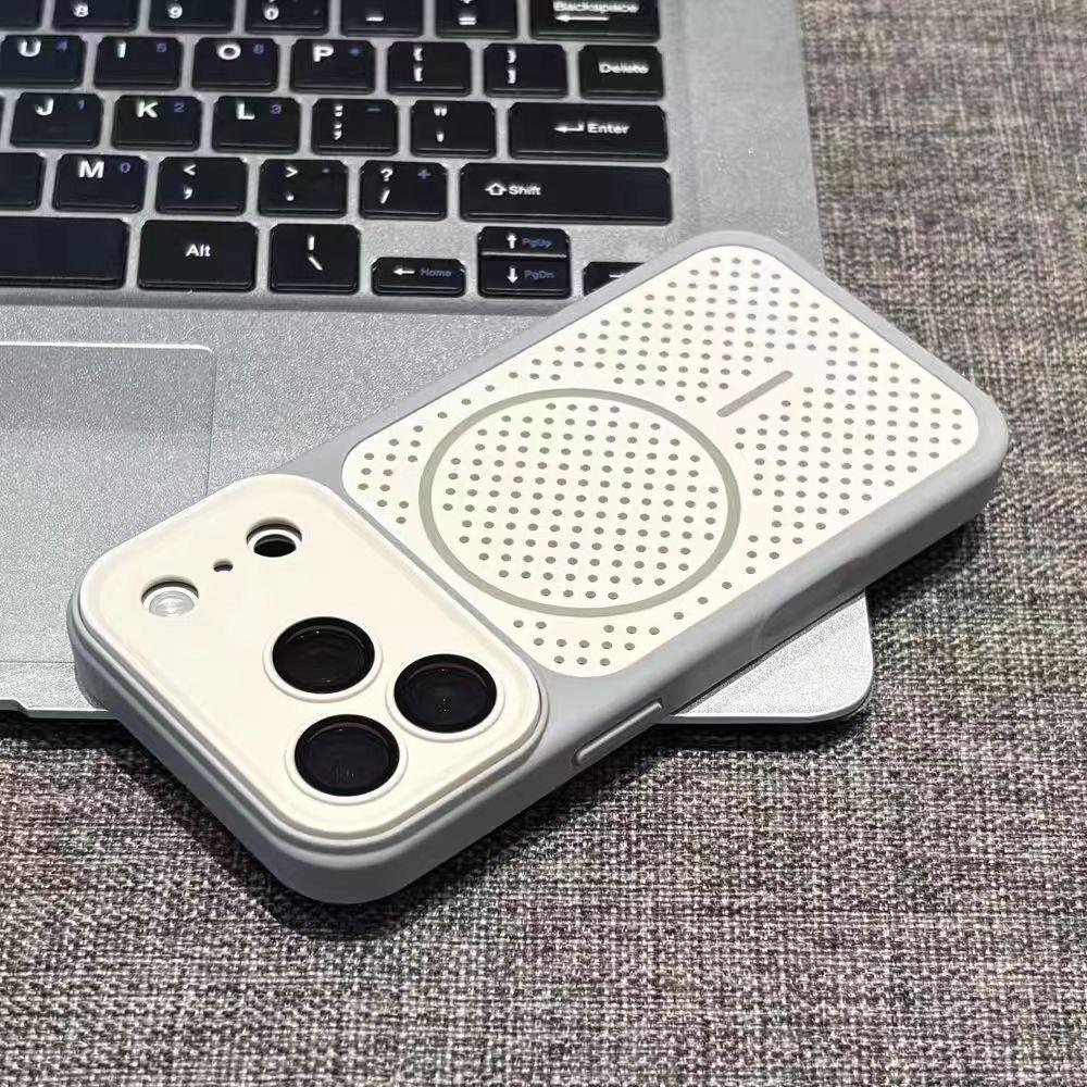 Applicable to iPhone17PROMAX mobile phone case honeycomb two-color breathable heat dissipation magnetic suction mesh case Apple 16/15 hard