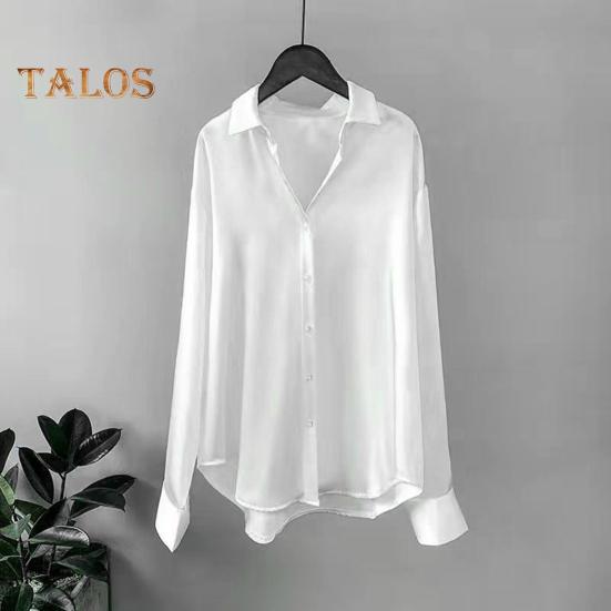 Dámská košile s klopou, dlouhým rukávem, jednoradovým zapínáním, topy, jednobarevná, hladký satén, volný střih, ležérní košile