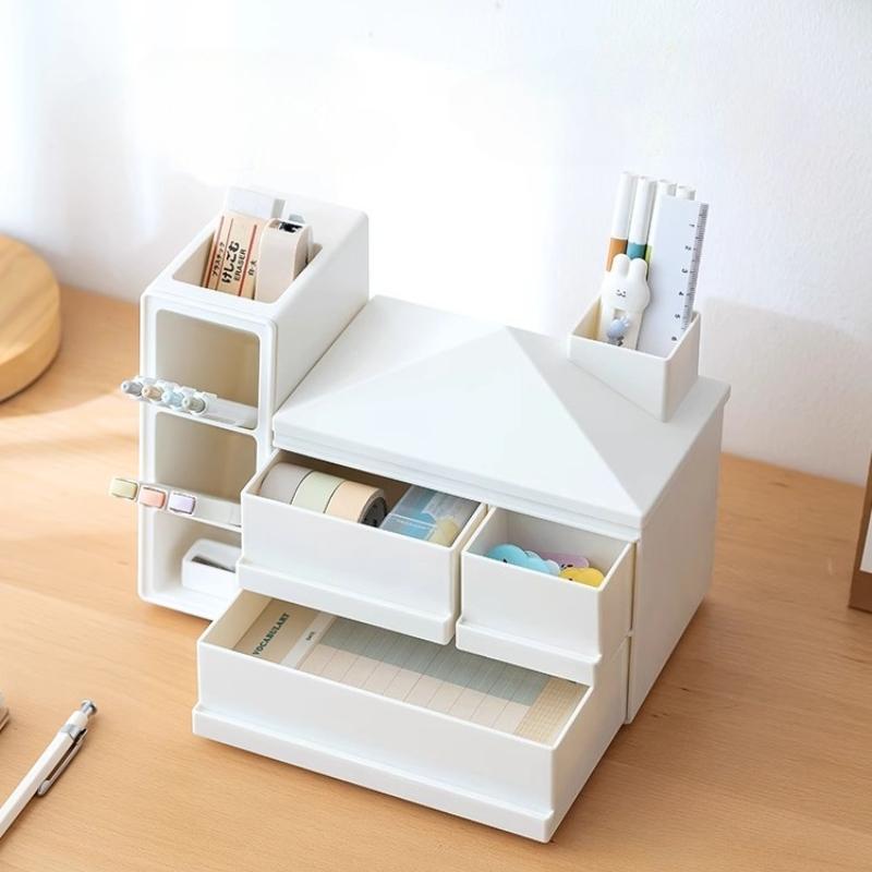 Creative Oblique Pen Holder Storage Box with Drawer Organizer Large Capacity Office Table Stationery Files Organizer with Cover