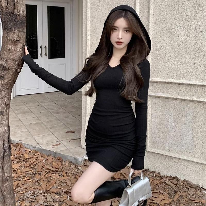 Korean Version of the Fashion Hooded Long-sleeved Dress for Women's Autumn New Slim-fitting Pure Desire Sexy Spice Girl Versatile Hip-wrapped Short Dr