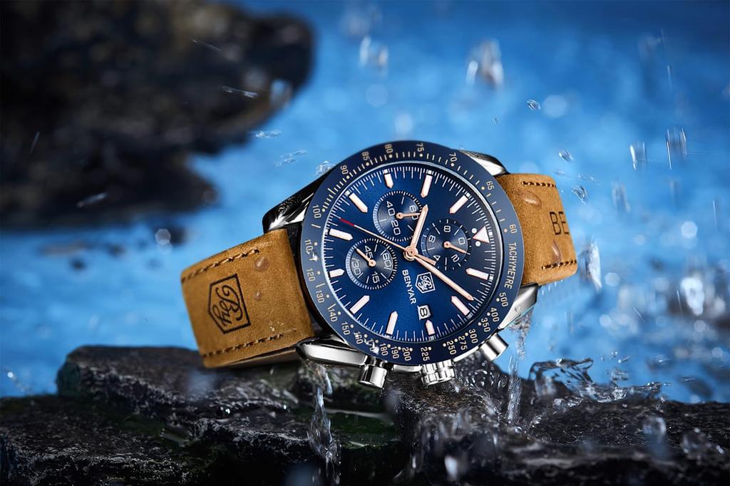 VON BENYAR Analog 30M Wasserdicht Leder Quarz Geschenk für Männer Herrenuhr, Chronograph, Uhr, Widerstandsfähig, Business, Einfach, Stilvoll, Beliebt, Formell, Armband,