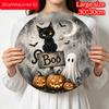 2D Flat, 1pc Round Aluminum Hanging Sign, Vintage Watercolor Black Cat Ghost Pumpkin Boo Printed Plaque, Spooky Rustic Farmhouse Halloween Front Door