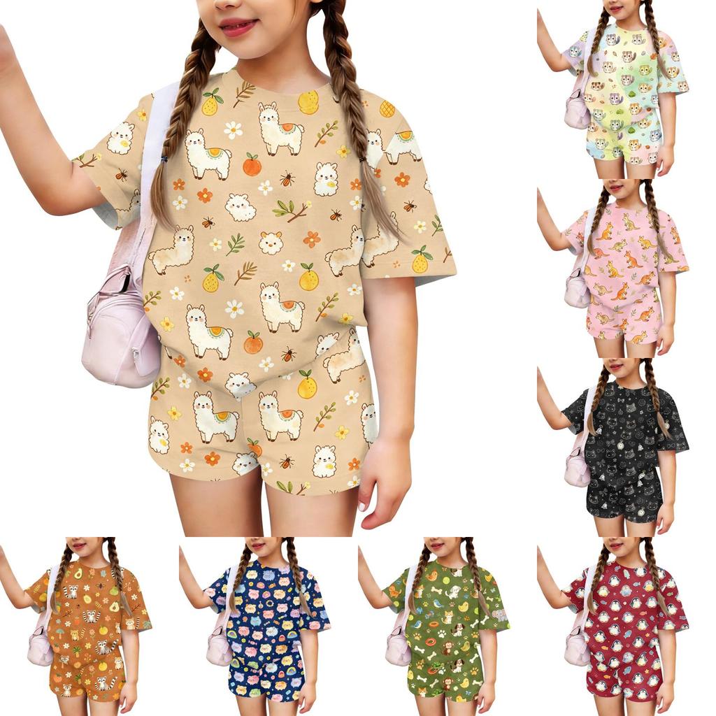 Kids Casual Short Sleeve Top and Shorts Set Lightweight Soft Fabric Animal Print Summer Outfit for Toddlers and Children