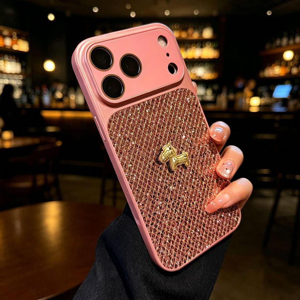 Luxurious Glitter Diamond Pattern Case for Apple 17ProMax, 16Pro (Little Horse), 14 Couple, and 15Pro.