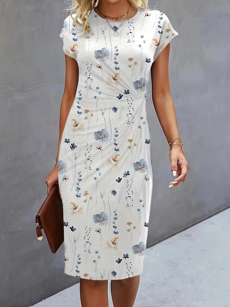 Women's Casual Bodycon Midi Dress with Front Knot and Round Neck