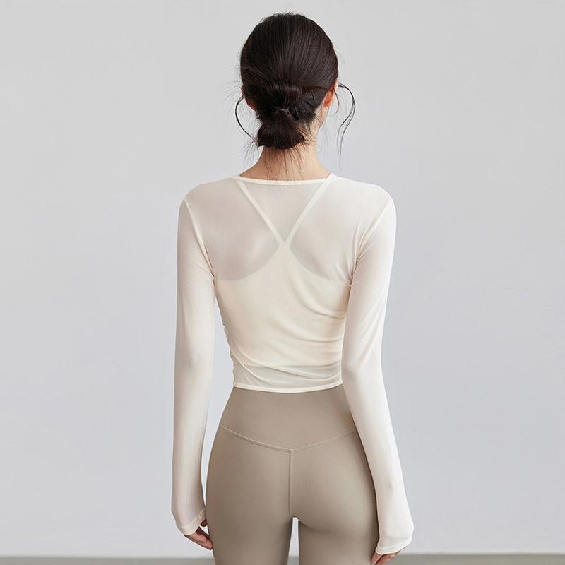 Yoga clothes, tops, women's spring and summer Pilates training, sportswear set, fitness clothes, long sleeves, chest pads, chest pads.