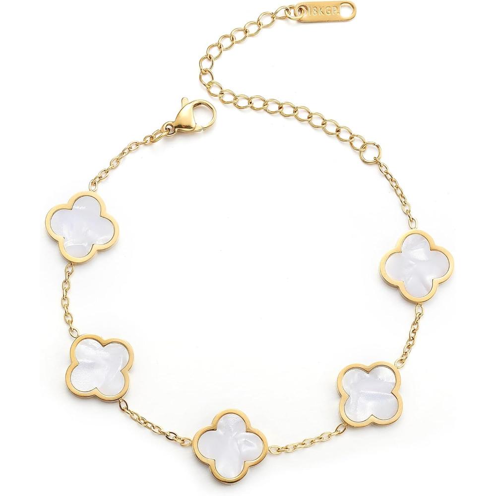 AIPPK 18K Gold Plated Clover Lucky Bracelet for Women White/Black/Red/Green Flower Four Leaf Link Bracelets Trendy Jewelry Gifts for Women
