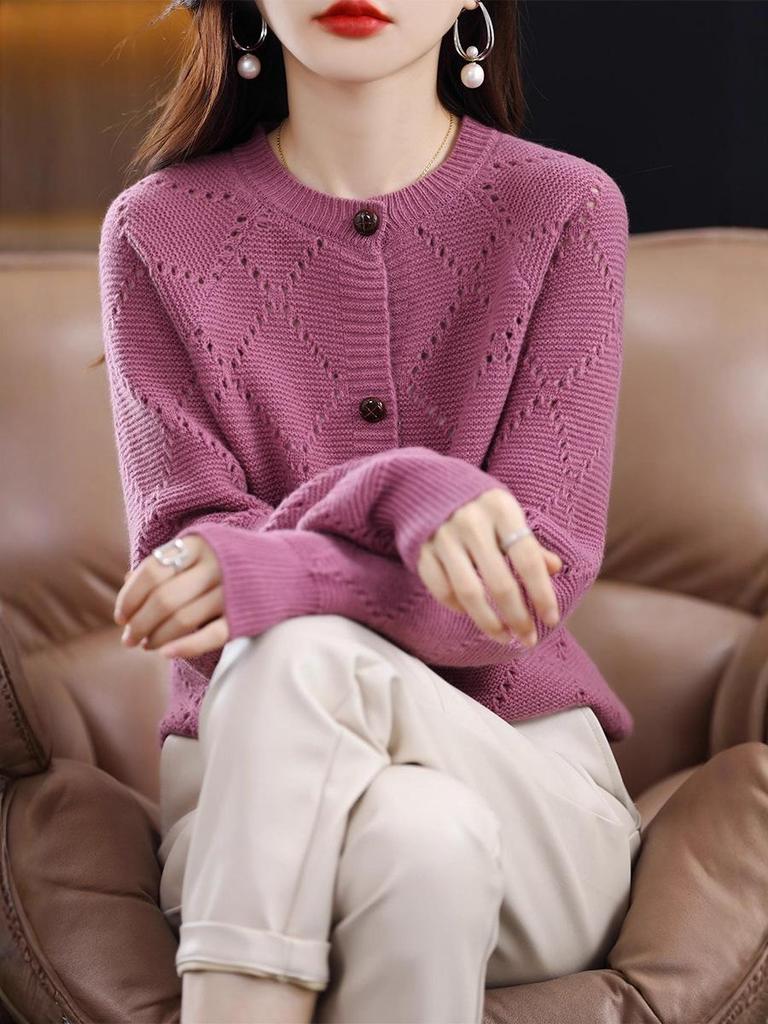 Damen Kaschmirwolle Strickjacke - Gestrickter Rundhals-Pullover für Herbst/Winter Mode