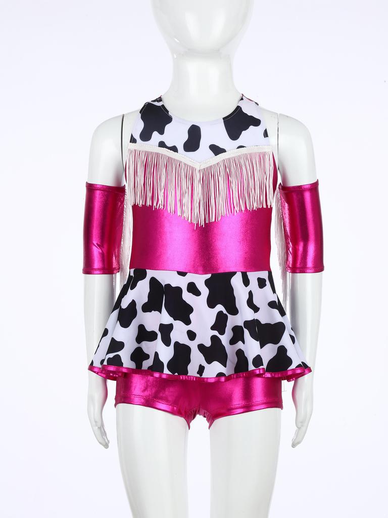 Girls Cowgirl Costume for Cosplay Party Metallic Gloss Cross Back Straps Fringed Dress with Built-in Shorts