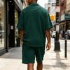 Conjunto Deportivo Casual para Hombre: Conjunto de Dos Piezas de Camiseta de Punto de Color Sólido con Cuello en V Profundo y Pantalones Cortos de Verano