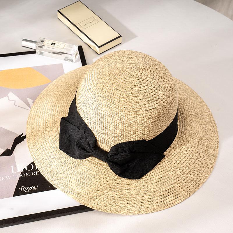 Large Eave Straw Hat for Woman Black Bow Tie EdgeSunscreen able Beach Hat Outdoor Seaside  Vacation Fashionable and Elegent