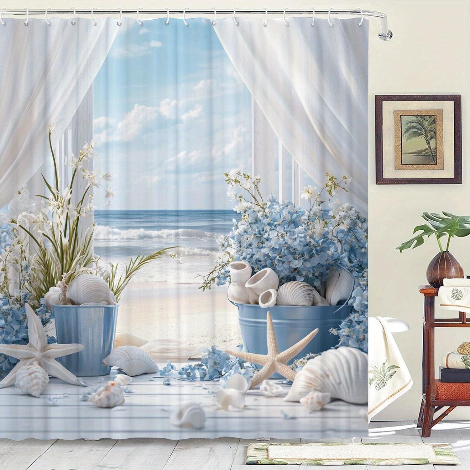 

Beach Floral Pattern Shower Curtain With 12 Hooks For Room, Home, Hotel, Machine Washable Bathroom Curtain W60H190(CM)-1 Pcs