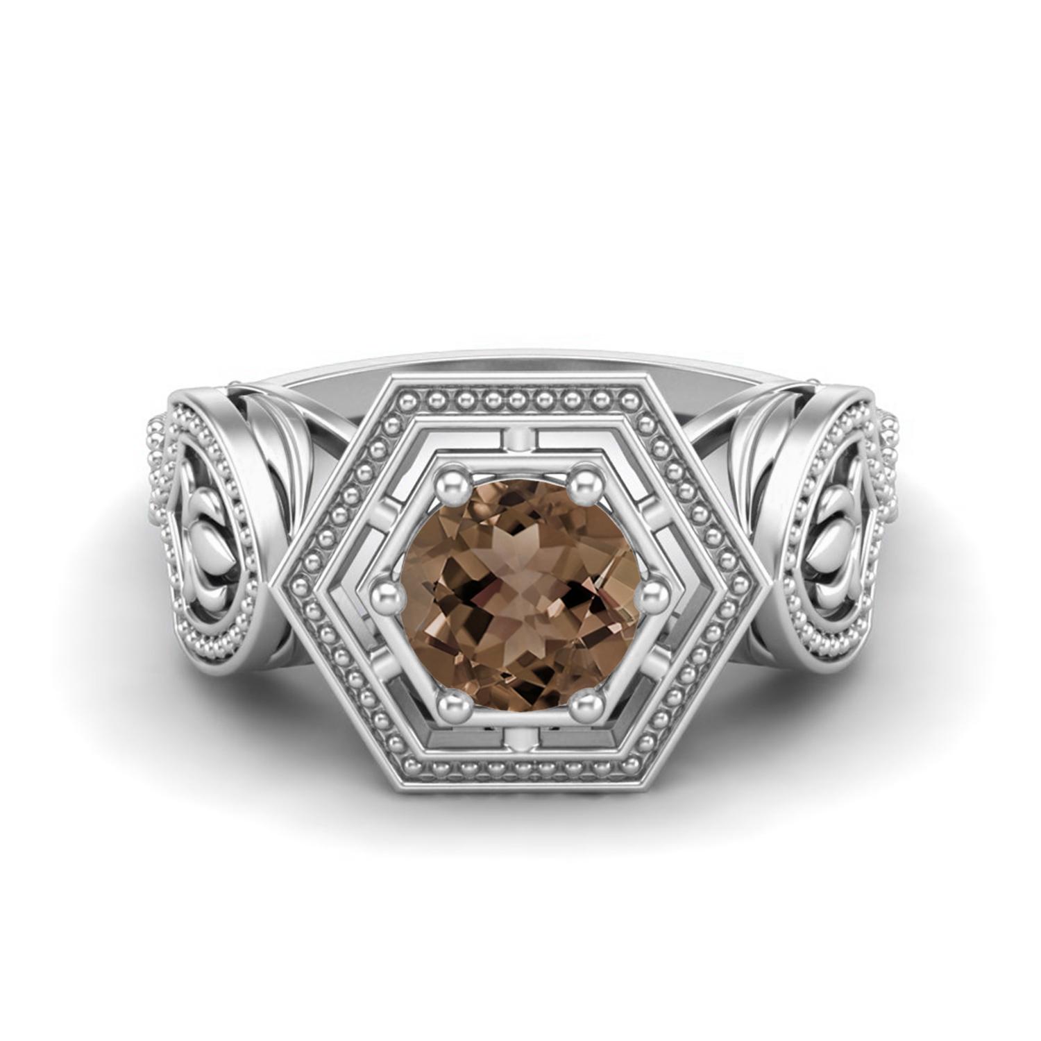 6MM Round Smoky Quartz 925 Sterling Silver Hexagon Shape Geometric Women Wedding Ring 5 белый