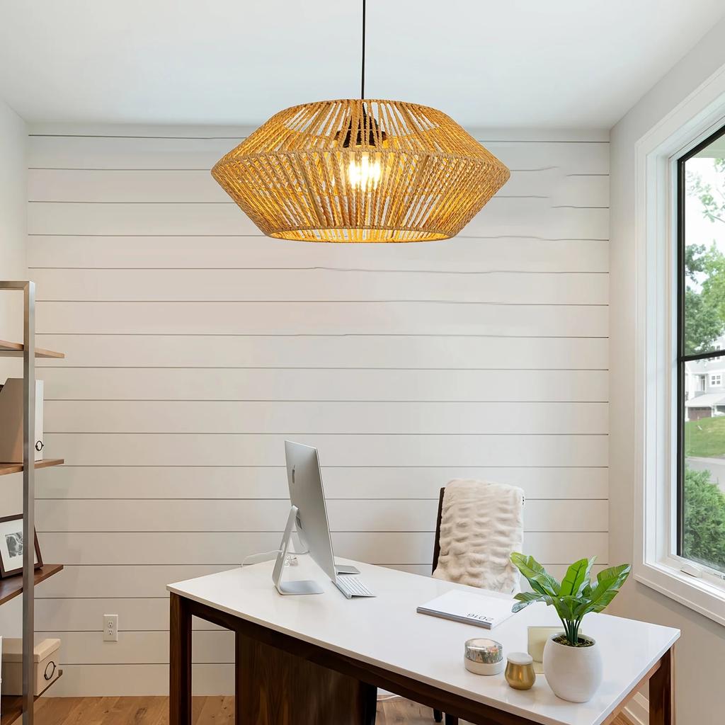 Bohemian Bamboo Wicker Ceiling Light Adjustable E27 Rattan Hanging Pendant Suitable for Kitchen Living Room Dining&Bedroom Decor