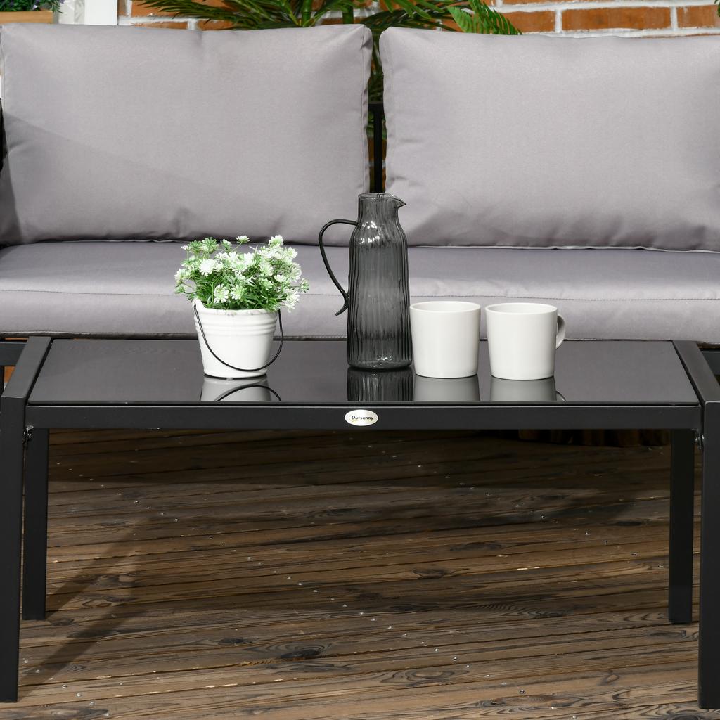 4 Piece Metal Garden Furniture Set with Tempered Glass Coffee Table, Texteline Pocket, Outdoor Set Loveseat Single Armchairs with Padded Cushions