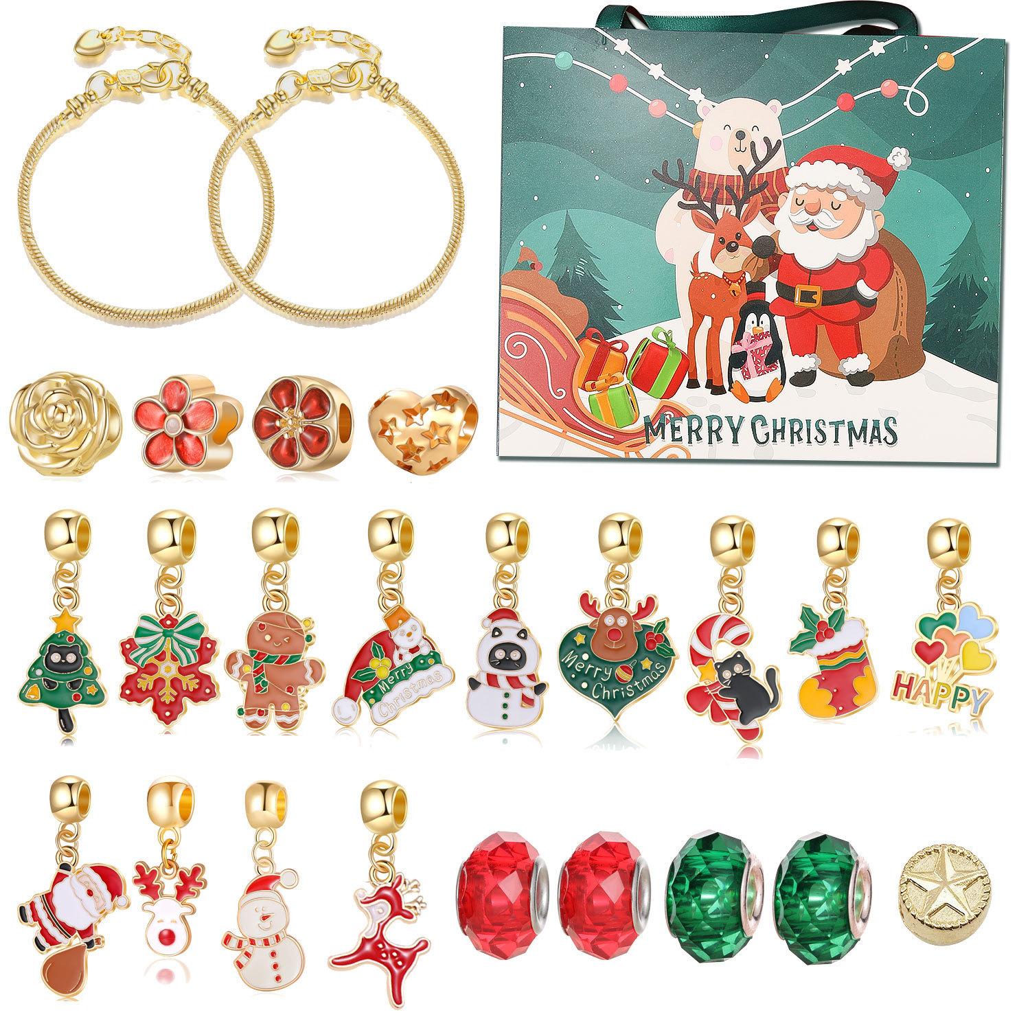 

24 Days Xmas Theme Countdown Calendar with 2pcs DIY Charm Bracelets & necklaces Kits Christmas Surprise for Girls Teens Women 20cmX17cm