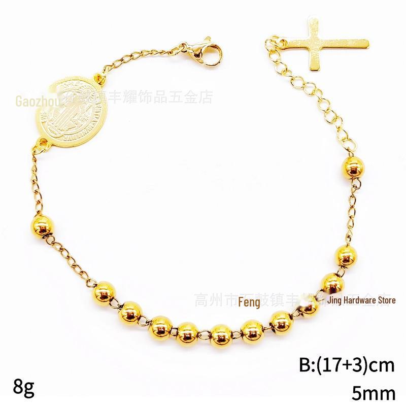 Bracelet Religieux Croix en Perles d'Acier Inoxydable 5mm