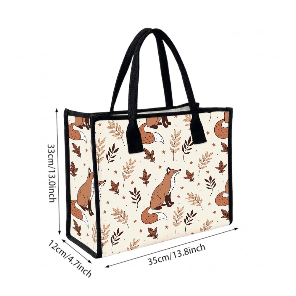 Cute Fox Print Canvas Tote Bag Casual Shoulder Handbag for Daily Shopping