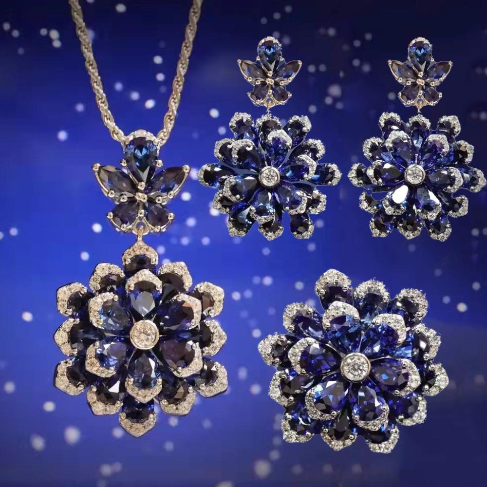

Women Jewelry Set Eternal Flower Necklace Royal Blue Pendant Red Earrings Emerald Ring Luxury Gift