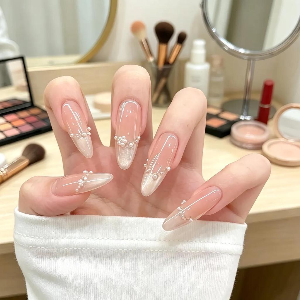 Elegant Long Wedding Nails: Light Luxury Press-Ons with Pearl Flowers for a Fairer Look. Perfect for Autumn Travel Makeup. Removable Nail Art.