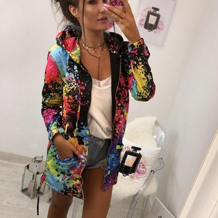 Multicolor Printing Women Casual Hooded Coat Long Sleeve Zipper Jacket S чёрный