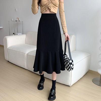 Black Medium Length Fishtail Skirt  for Women Plus Size Summer Thin Skirts Y2k Bottoms Fashions Female Korean Style Clothing