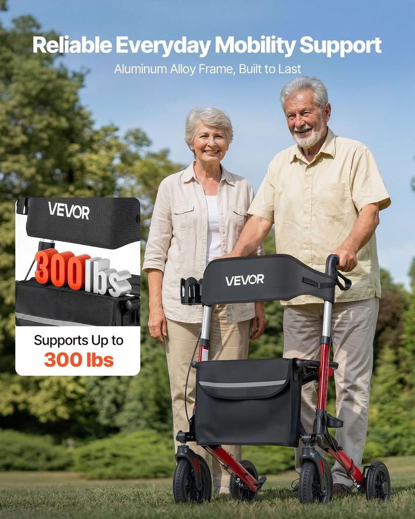 Rollator Walker with Seat for Seniors, Ultra Compact 3-Fold Rolling Walker, Lightweight Aluminum Mobility Walking Aid with PU Solid Wheels, Adjustable