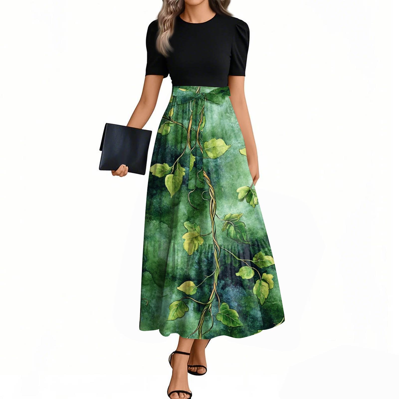 

Женские модные повседневные платья с поясом, короткими рукавами и круглым вырезом, с принтом, элегантные, темпераментные XXL темно-зеленого