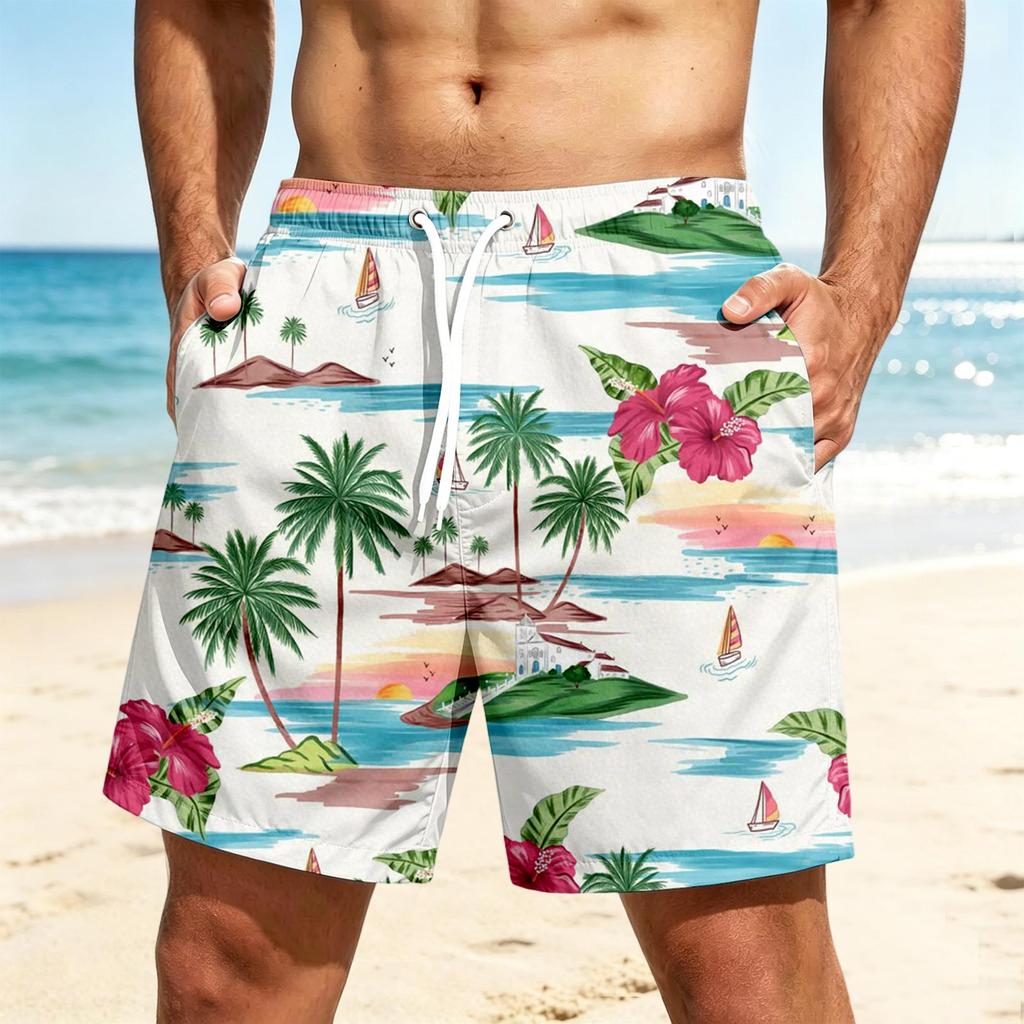 Men's Quick-Dry Hawaiian Print Beach Shorts for Summer Vacation