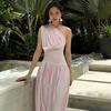 2026 European and American summer new French temperament elegant style slim waist pleated single shoulder strap dress women