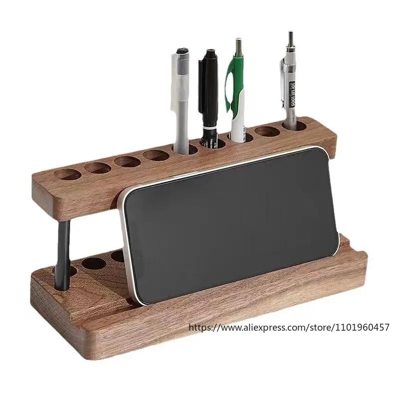 Multi-functional Black Walnut Wood Desktop Pen Holder with Phone Slot for Office and Home Storage Office School Accessories