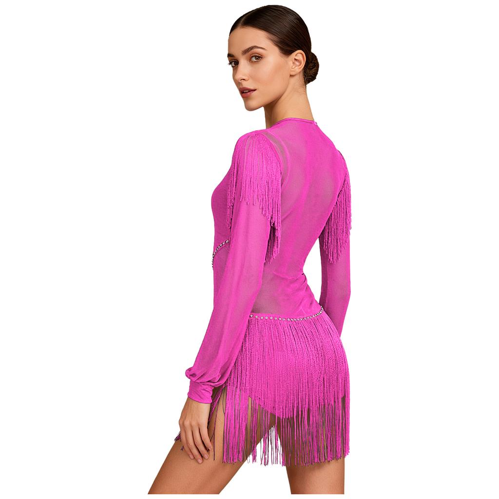 Damski trykot body do tańca latynoamerykańskiego Tango Siateczkowe wstawki Błyszczące dżety Frędzle Długi rękaw Rozpinany krok Kombinezon