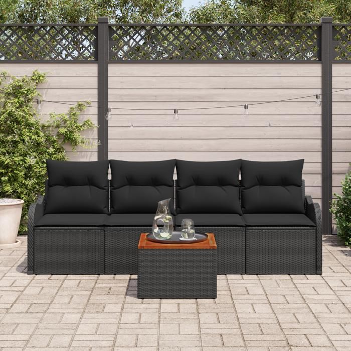 Ensemble de 5 Pièces Canapé de Jardin avec Coussins Noir Poly Rattan Acacia, Canapé de Jardin 2 Places avec Rangement &amp; 3356056