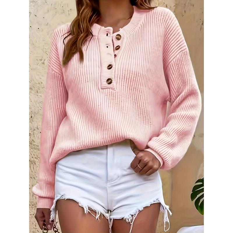 [Cozy Sweater] Soft & Comfortable Women's Cozy Pink Sweater | Casual Crew Neck, Long Sleeve Pullover for Fall/Winter, Button Details