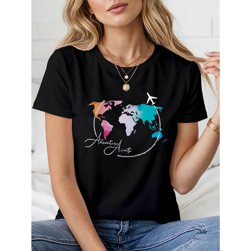 Adventure Awaits Graphic Print T-shirt, Short Sleeve Crew Neck Casual Top for Summer & Spring, Women's Clothing