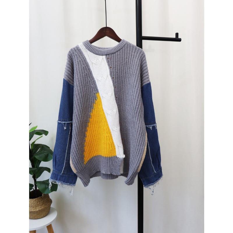 Denim Sleeves Splicing Design Sweater Pullover Women's Autumn and Winter New Loose Lazy Wind Knitted Sweater Top