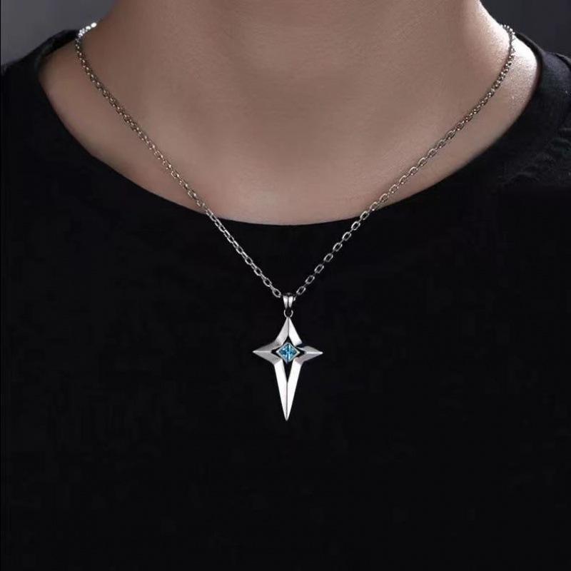 New Mens Meteor Pendant Cross Necklace for Men and Women Japanese and Korean Blue Star Shaped Domineering Pendant
