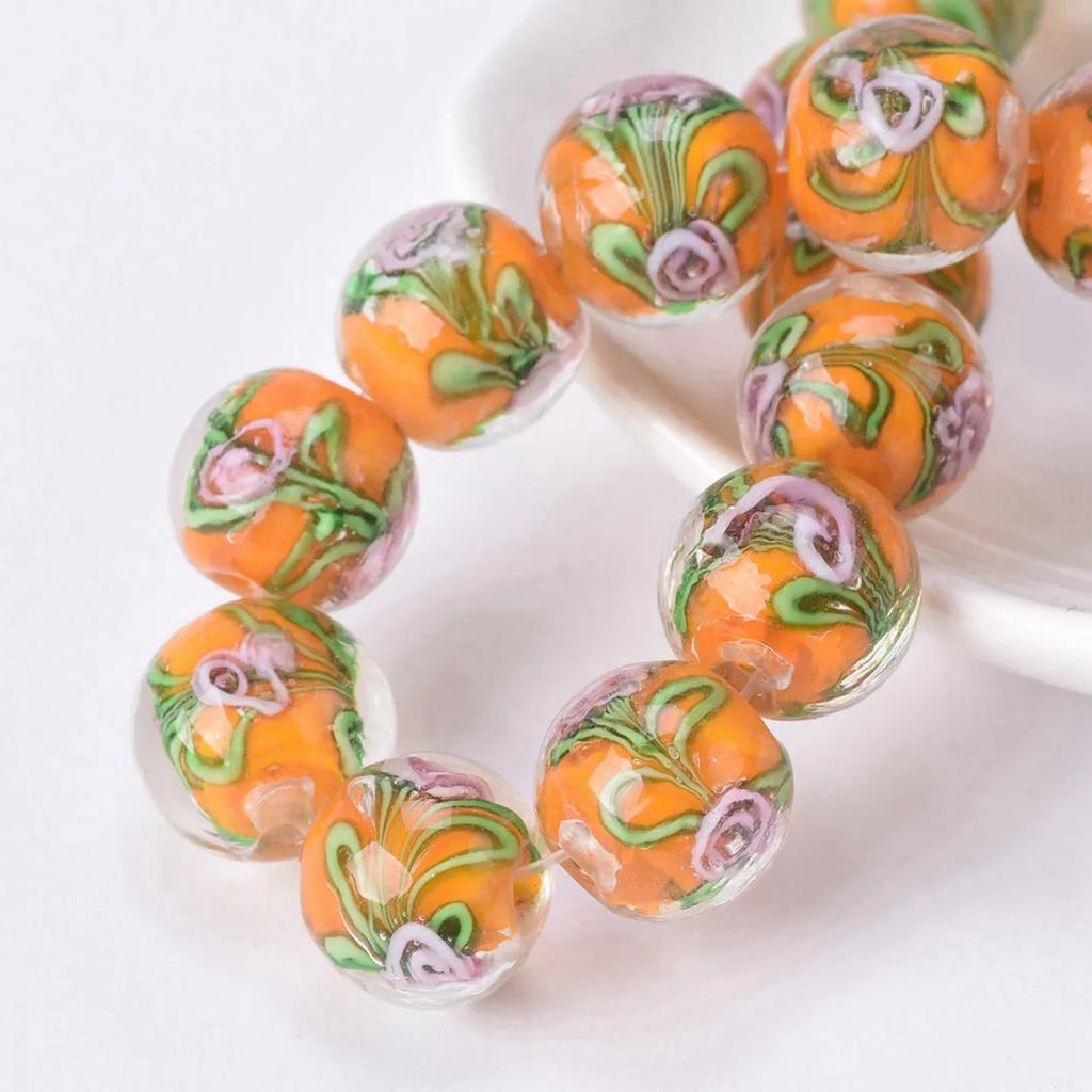 10pcs Round 12mm Flower Pattern Handmade Lampwork Glass Loose Beads For Jewelry Making Accessories DIY Crafts Findings